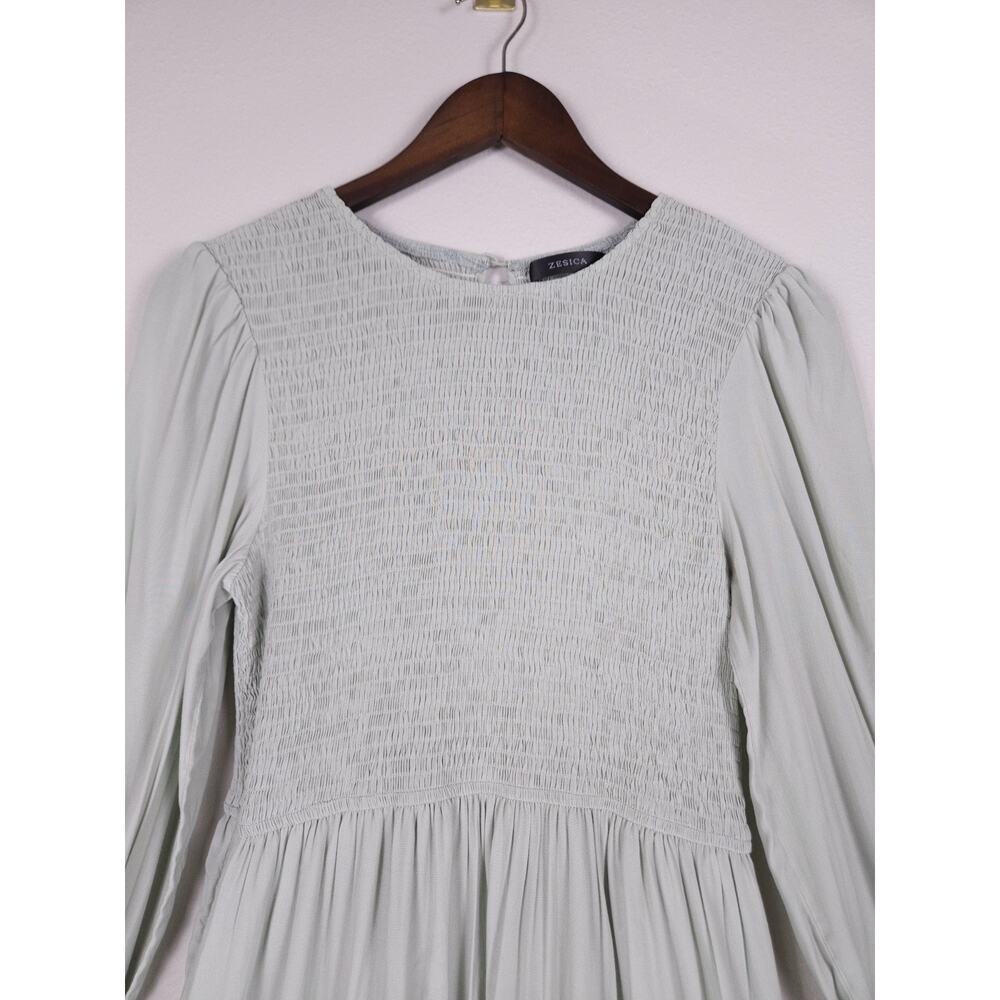 ZESICA Size L Smocked Long Sleeve Ruffle Hem Dress Light Sage Green - Picture 9 of 15